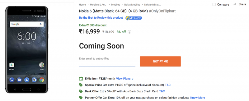 Uusi Nokia 6 -versio Flipkartissa.