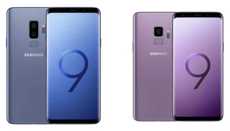 Samsung Galaxy S9+ Coral Blue -värissä ja Galaxy S9 Lilac Purple -värissä.