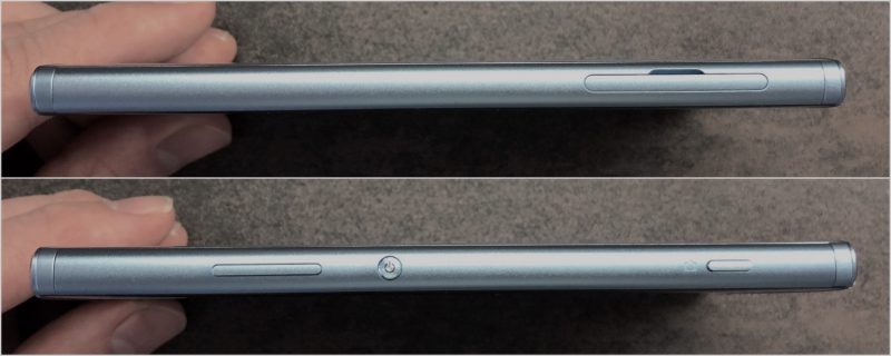 Xperia XA2:n kyljiltä löytyvät vasemmalta korttien aukko ja oikealta äänenvoimakkuuden säätöpainikkeet, pienikokoinen virta/lukituspainike sekä erillinen kamerapainike.