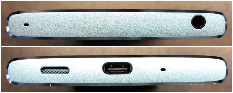 Xperia XA2:n yläpäästä löytyy 3,5 millimetrin kuulokeliitäntä ja yhden mikrofonin aukko. Pohjassa on kaiutin, USB-C-liitäntä ja toinen mikrofoniaukko.