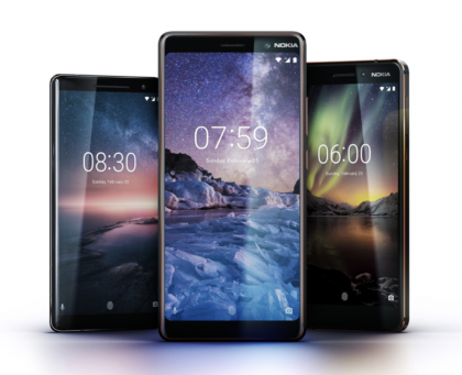 Etualalla Nokia 7 Plus, taustalla vasemmalla Nokia 8 Sirocco ja oikealla uusi Nokia 6.