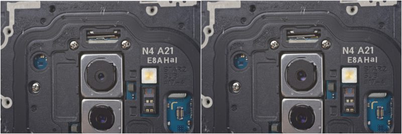 Galaxy S9:n takakameran aukon koko vaihtuu kahden vaihtoehdon välillä. Kuvat: iFixit.
