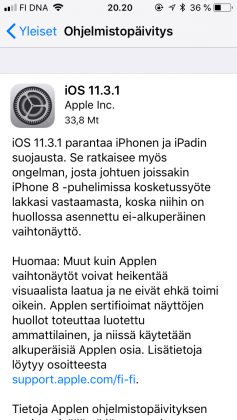 iOS 11.3.1 -päivityksen tiedot.