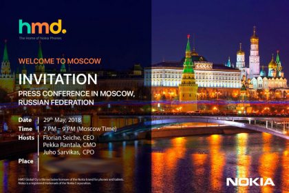 HMD Globalin lähettämä kutsu Moskovassa järjestettävään Nokia-puhelinten julkistustilaisuuteen. 