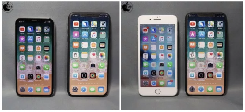 Karkeasti muokattu "iPhone X Plus" esitettynä nykyisen iPhone X:n sekä iPhone 8 Plussan rinnalla.