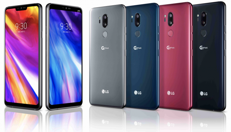 LG G7 ThinQ:n eri värivaihtoehdot. Suomessa myynti keskittyy mustaan ja siniseen.