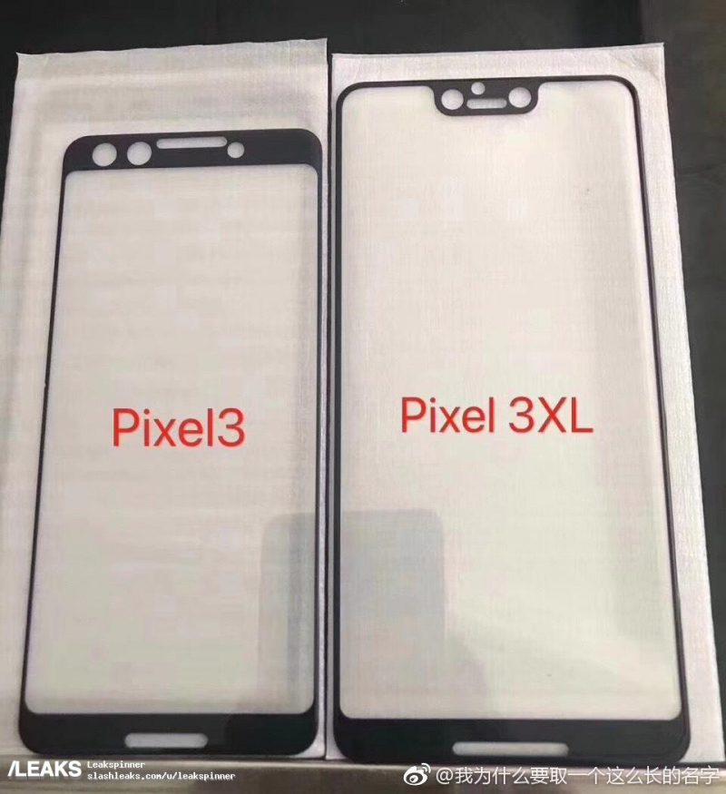 Väitetyt Pixel 3:n ja Pixel 3 XL:n etupaneelit.