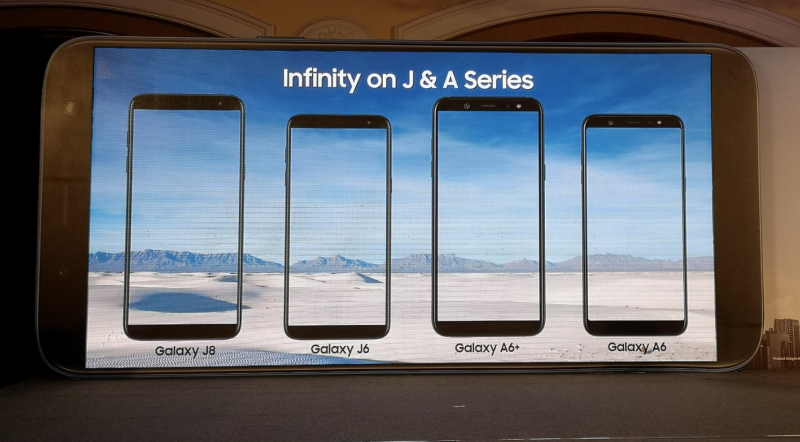 Samsungin Galaxy J6 ja J8 täydentävät Galaxy A6:n ja A6+:n rinnalla edullisempien laajalla kuvasuhteella varustettujen älypuhelinten valikoimaa. Kuva: BGR India / Twitter.
