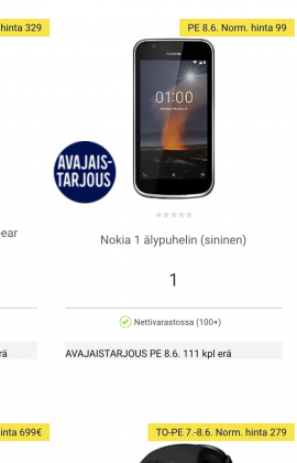 Nokia 1 -älypuhelimia on tarjolla 111 kappaleen erä vain 1 euron hintaan.