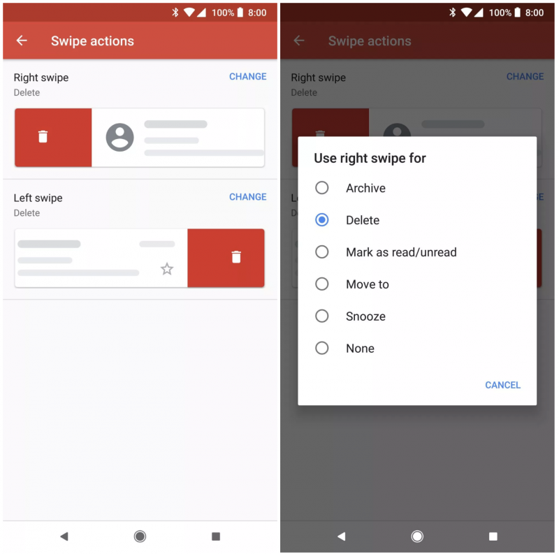 Gmailissa pääsee valitsemaan pyyhkäisytoiminnot. Kuvat: Android Police.