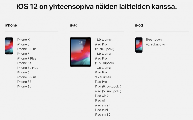 Nämä laitteet saavat iOS 12:n päivityksenä. Lisäksi iOS 12 löytyy jo esiasennettuna Applen tänään esittelemistä uutuuslaitteista.