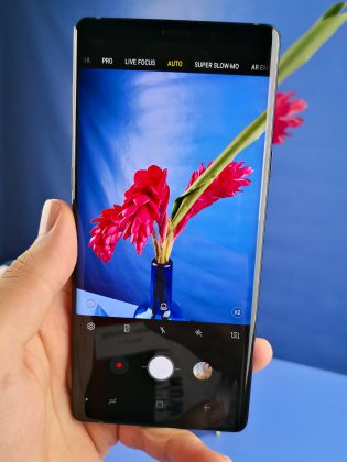 Galaxy Note9:n kamera osaa tunnistaa kuvauskohteet, kuten vaikkapa tässä kukan (pieni kuvake etsimen alalaidassa kertoo tunnistamisesta).