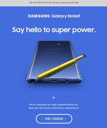 Samsungin vahingossa jo julkaisema Galaxy Note9 -ennakkotilaussivu.