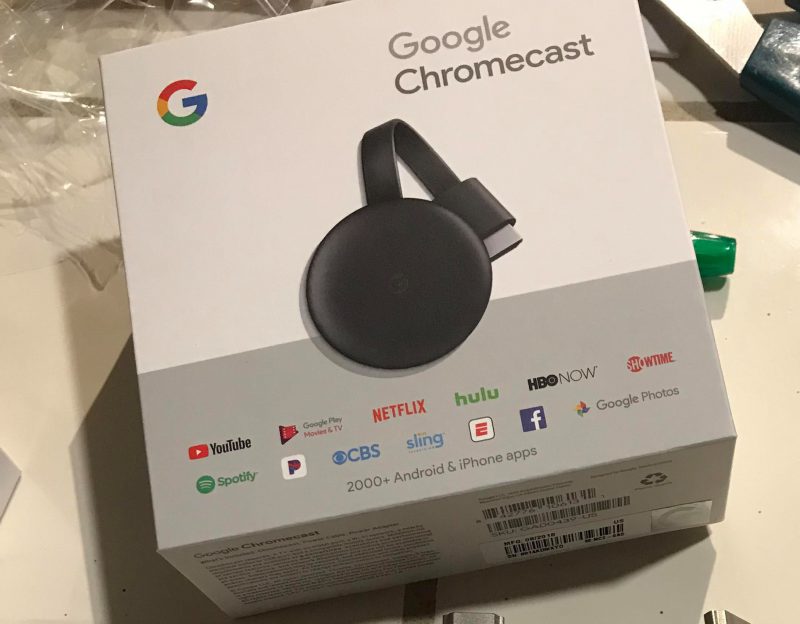 Googlen kolmannen sukupolven Chromecastin myyntipakkaus. Reddit-käyttäjä GroveStreetHomien julkaisema kuva.