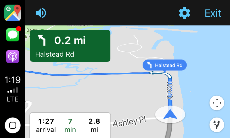 Google Maps CarPlay-näkymässä.
