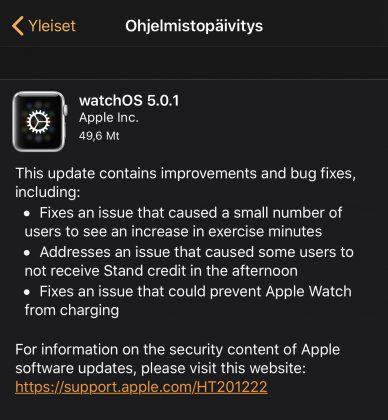 watchOS 5.0.1 -päivityksen tiedot.