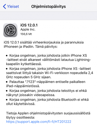 iOS 12.0.1:n julkaisutiedot.