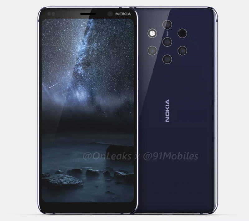 Tällaista puhelimesta odotetaan laajasti: Nokia 9 PureView on varustettu viidellä takakameralla ja kookkaalla mutta lovettomalla näytöllä. Kuva: OnLeaks / 91mobiles.