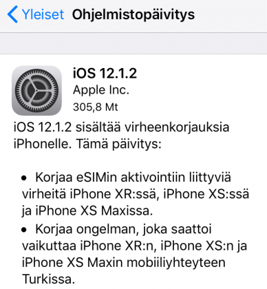iOS 12.1.2 -päivityksen tiedot.