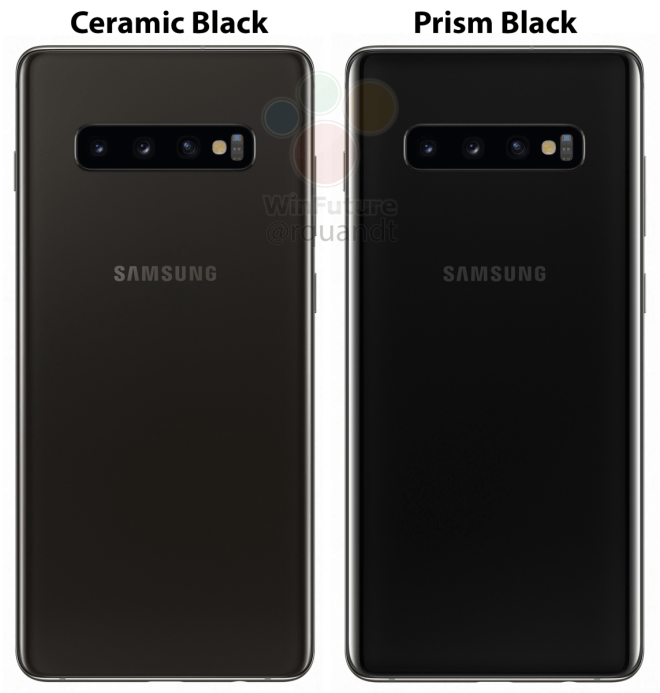 Keraamipintainen Ceramic Black ja lasipintainen Prism Black Galaxy S10+. Kuva: WinFuture.de.