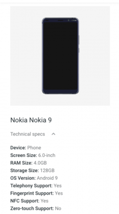 Nokia 9:n tiedot Googlen sivuilla.