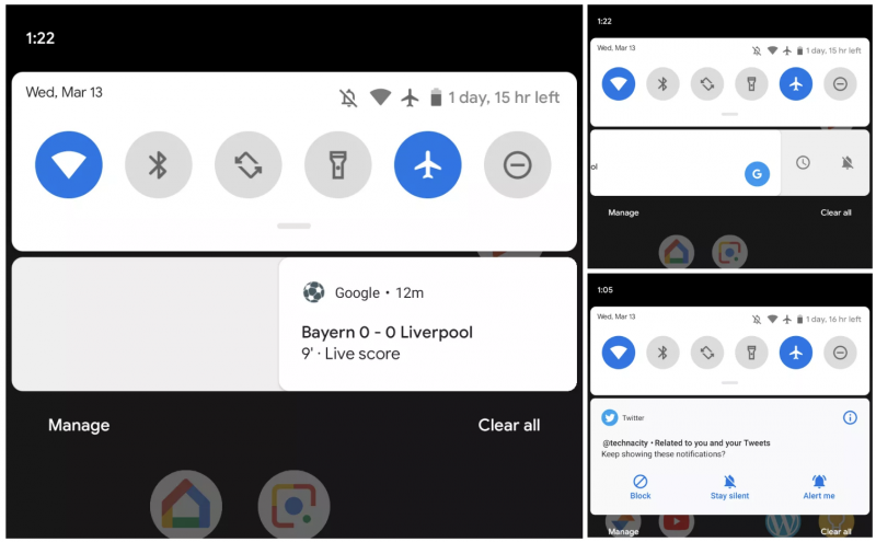 Android Q:ssa ilmoitukset poistetaan pyyhkäisemällä oikealle. Vasempaan pyyhkäistäessä aukeavat valinnat. Kuva: 9to5Google.