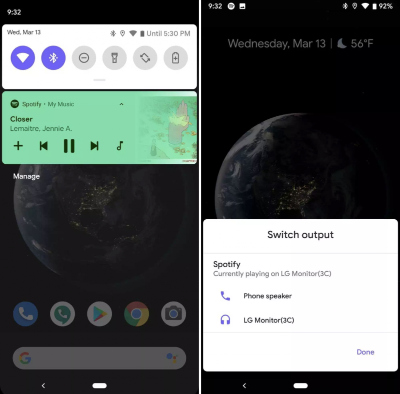Android Q tarjoaa pääsyn ilmoituksena näkyvistä mediapainikkeista vaihtamaan äänen kohdetta. Kuva: 9to5Google.