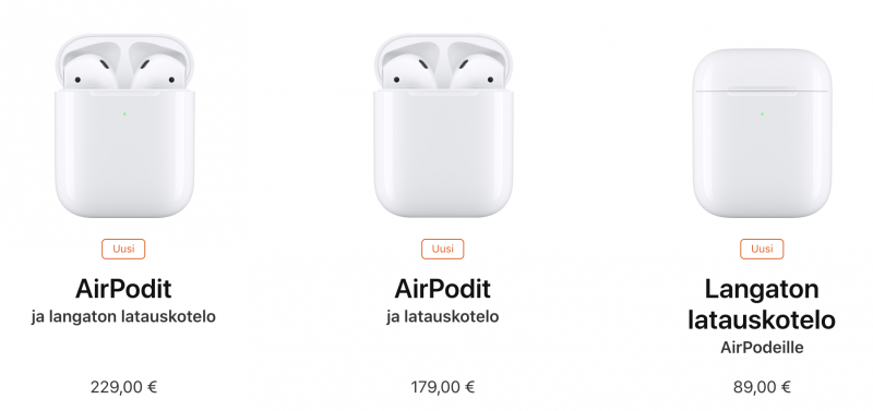 Applen AirPods-tuotevalikoima.