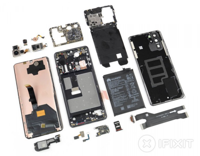 Huawei P30 Pro kokonaan purettuna. Kuva: iFixit.