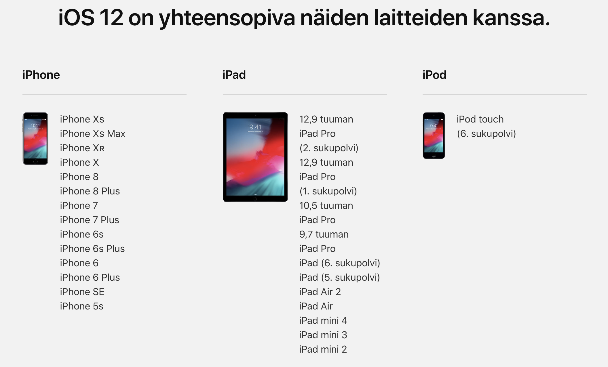 Apple on mahdollisesti pudottamassa vanhempia laitteita pois tulevan iOS 13:n piiristä. Kuvassa listattu iOS 12:n tukemat laitteet (kuvasta puuttuu maininta uusimmista 3. sukupolven iPad Pro -laitteista).