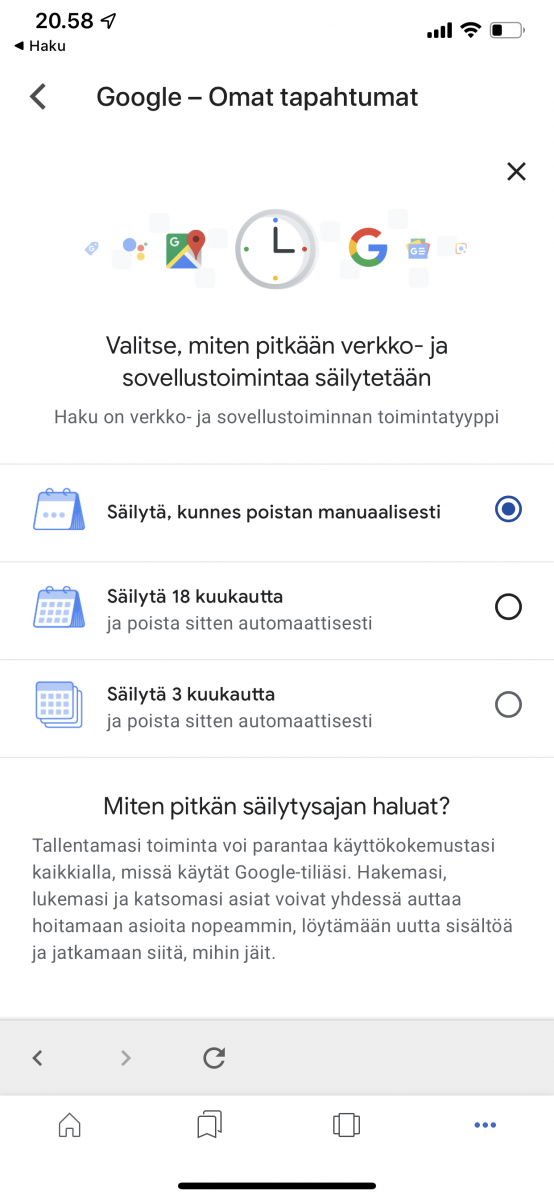 Google-tiedot voi nyt valita automaattisesti poistettavaksi tietyn ajan jälkeen.