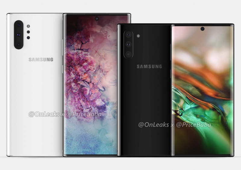 Samsung Galaxy Note10 Pro ja Galaxy Note10 OnLeaksin yhdessä Pricebaba-sivuston kanssa julkaisemassa mallinnoskuvassa.