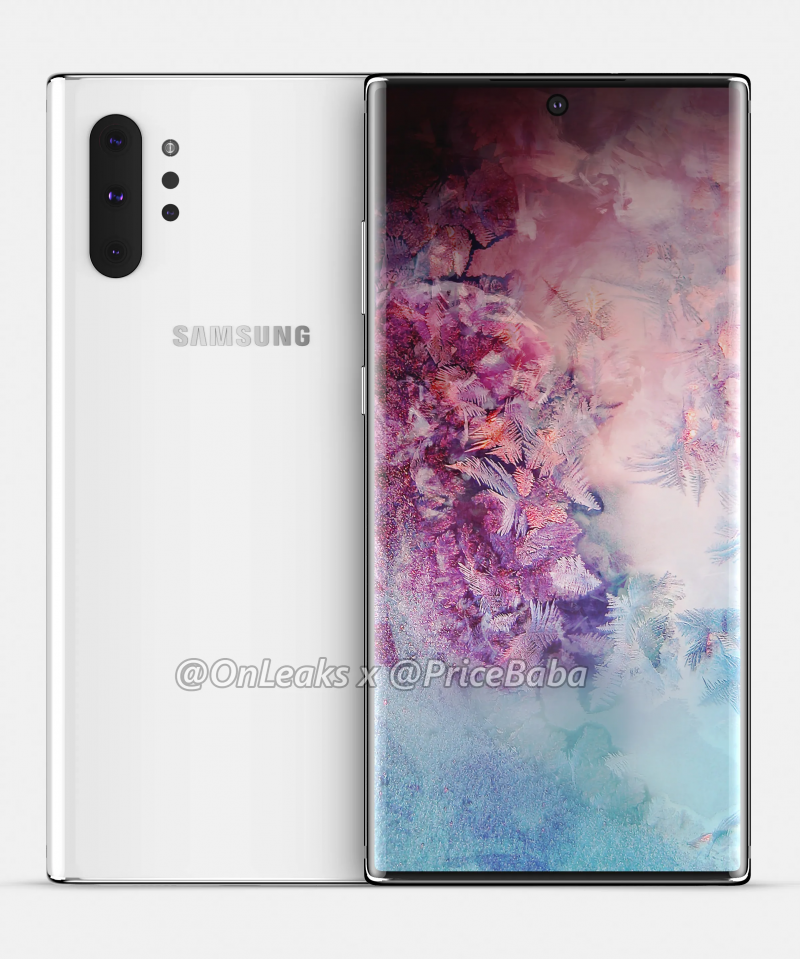 Samsung Galaxy Note10 Pro OnLeaksin yhdessä Pricebaba-sivuston kanssa julkaisemassa mallinnoskuvassa.