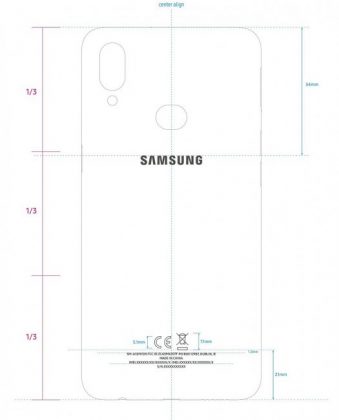 Samsung-älypuhelin mallikoodilla SM-A107F. Kuva FCC-asiakirjoista.