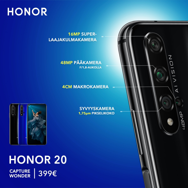 Honor 20:ssä on neljä erilaista kameraa, jotka tuovat kukin oman lisänsä kokonaisuuteen.