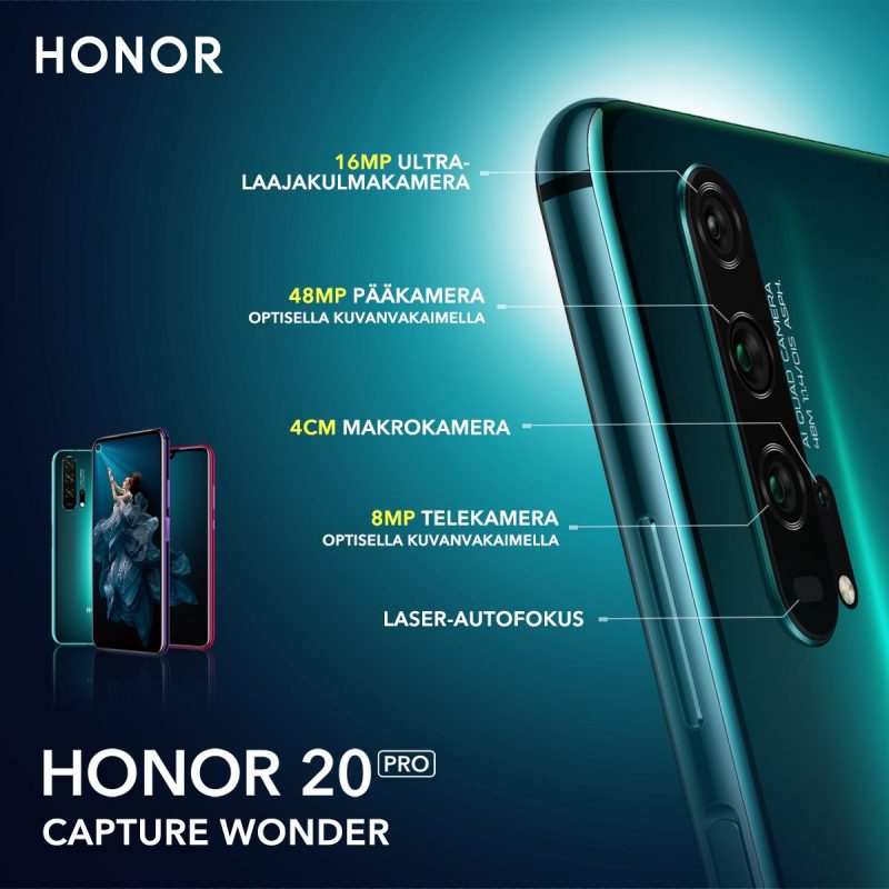 Honor 20 Pron kamerakokonaisuus on markkinoiden monipuolisin kuvausmahdollisuuksiltaan.