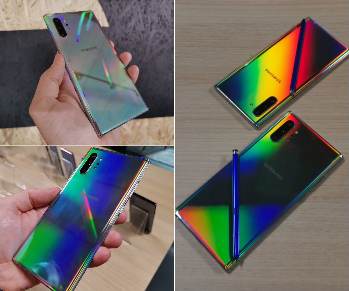 Kuten kuvat kertovat, Galaxy Note10 -puhelinten Aura Glow -värivaihtoehto on varsin erikoinen. Puhelin näyttää eri valaistuksessa ja valon osuessa eri kulmista hyvin erilaiselta.