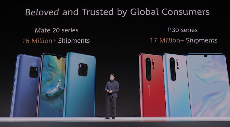 Huawei kertoi julkistustilaisuudensa aluksi sen viimeisimpien huippupuhelinmallien myyntiluvuista. "Maailmanlaajuisesti kuluttajien rakastama ja luottama", kuului Huawein viesti.