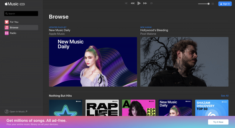 Apple Musicin verkkoselainversio.