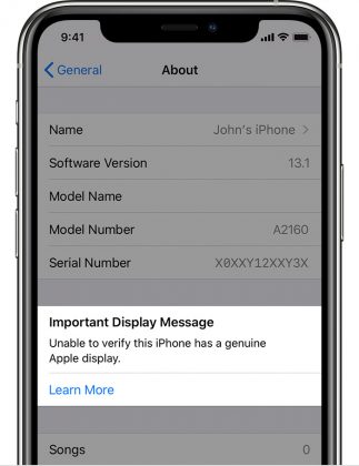 iPhone 11 -puhelimet kertovat Tietoja-näkymässä, mikäli niihin on vaihdettu muu kuin Applen alkuperäisnäyttö.