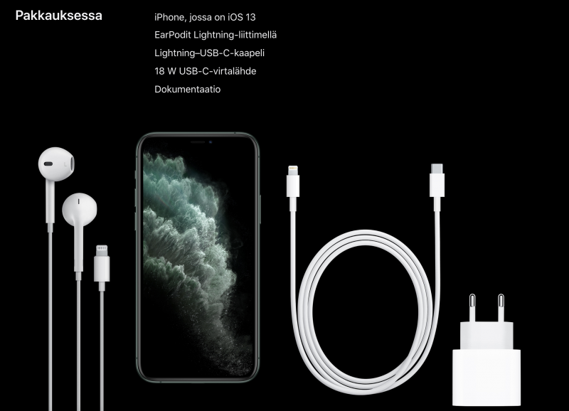 iPhone 11 Pron ja iPhone 11 Pro Maxin myyntipakkauksessa on mukana 18 watin Apple-laturi ja USB-C-Lightning-kaapeli.