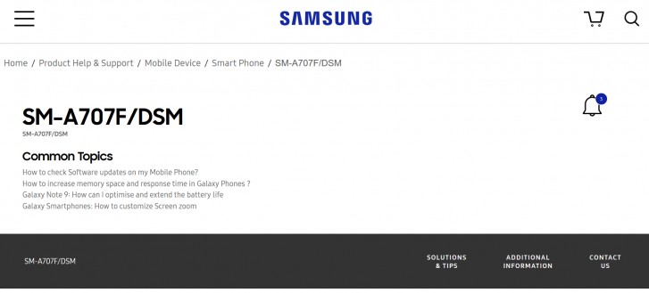 SM-A707F-mallikoodia kantava Galaxy A70s löytyy jo listattuna Samsungin tukisivuilta.
