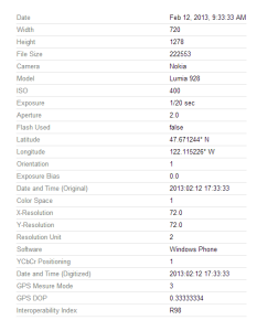 Nokia Lumia 928:lla otetun kuvan EXIF-tiedot