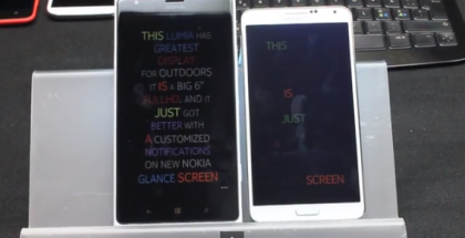 Lumia 1520 vs. Galaxy Note 3 - kuvankaappaus alta löytyvältä uuden tekniikan esittelyvideolta, jossa Lumia 1520 pesee Galaxy Note 3:n sisällön luettavuudessa valaistuksen muuttuessa