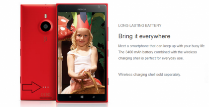 Nokia Lumia 1520 AT&T:lle - huomaa takaa löytyvät kolme liitintä lisälatauskuorelle