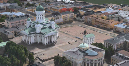 Flyover-näkymä Helsingin tuomiokirkosta ja Senaatintorin ympäristöstä Applen Kartat-sovelluksessa iPadilla