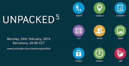 Samsungin kutsu Unpacked 5 -tilaisuuteen, jonka aiheena tulee vahvojen huhujen mukaan olemaan uusi Galaxy S5 -lippulaivaälypuhelin