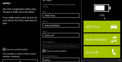 Kuvankaappauksia Nokian Car App -sovelluksesta