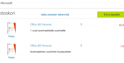 Microsoft Office 365 Personalin voi ostaa kuukausi- tai vuositilauksella