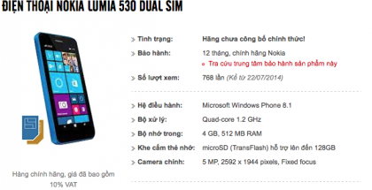 Lumia 530 MaiNguyen-verkkokaupan sivuilla